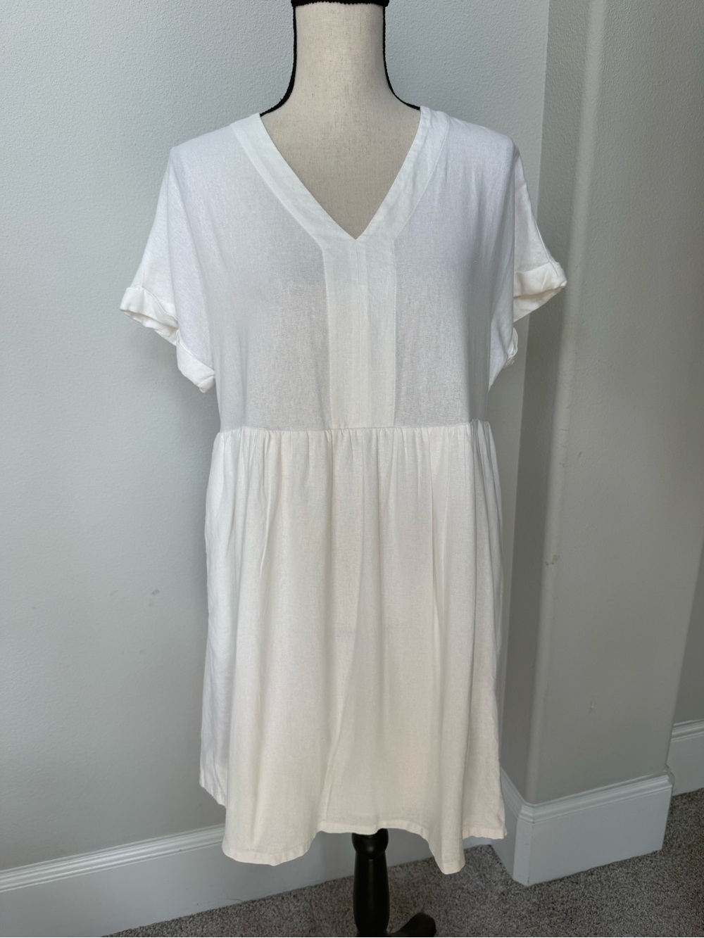 White V-Neck Linen Blend Mini Dress